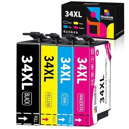 Hookink 34XL 34 XL inktpatronen, multipack, compatibel met Epson 34XL cartridges voor Workforce Pro WF-3720DWF WF-3725DWF WF-3720 WF-3725 WF3720 WF3725 (verpakking van 4)