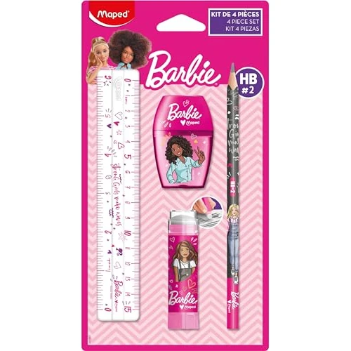 Offerta a tempo: Maped - Set di cancelleria Barbie 4 pezzi - 1 righello trasparente 15 cm + 1 temperino 1 foro + 1 gomma tubo protetto + 1 matita carta HB - Licenza Barbie ufficiale - 0.00% da 6.85 € a 6.85 €