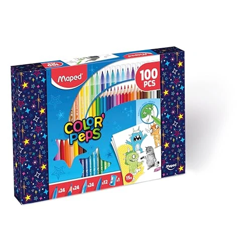 Maped - Color'Peps Colouring Kit - 24 Coloured Pencils + 24 Felt-Tip Pens + 24 Wax Pencils + 12 Plastic Pencils + 1 Pencil Sharpener + Reusable Box