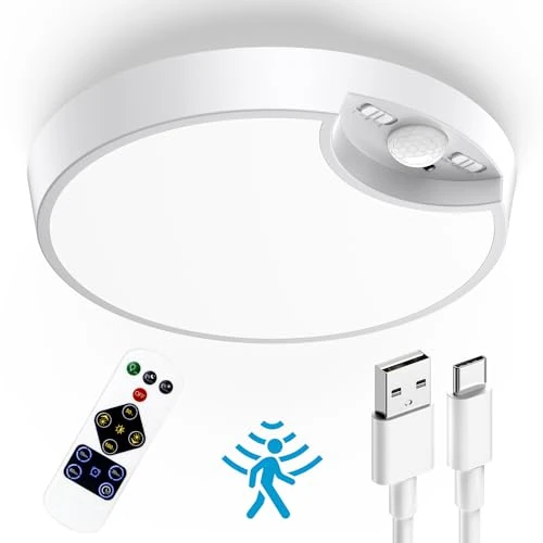 Shuniu LED Battery Ceiling Light with Motion Sensor, Ceiling Light, Battery-Operated Indoor with Remote Control, Night Light, 260 lm, 6500 K, Adjustable Brightness for Cabinet, Hallway, Bathroom, Cell