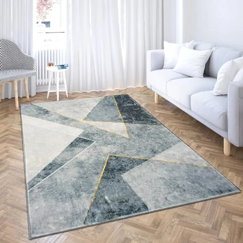 Comart, Alfombra Shedir de Pelo Corto Suave para salón o Dormitorio, diseño Moderno y Elegante, decoración clásica y contemporánea, Estampada, Gris y Dorado, 180 x 230 cm