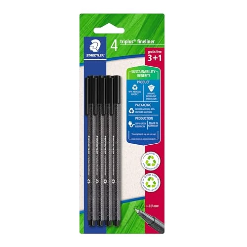 Oferta limitada: Staedtler Rotulador de punta fina triangular, color negro, de plástico reciclado, punta superfina de 0,3 mm, larga vida útil, 4 rotuladores negros en blíster, 334 R-9BK de 8.52 EUR a 8.52 EUR (ahorro 0%)