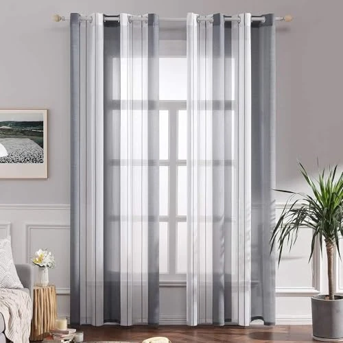 MIULEE Interior Striped Curtains, Transparent Voile Curtains Bedroom Curtains, Modern Living Room Curtain with Rings, Interior Panel Curtain White and Grey Striped Window, 2 x 140270 x CM