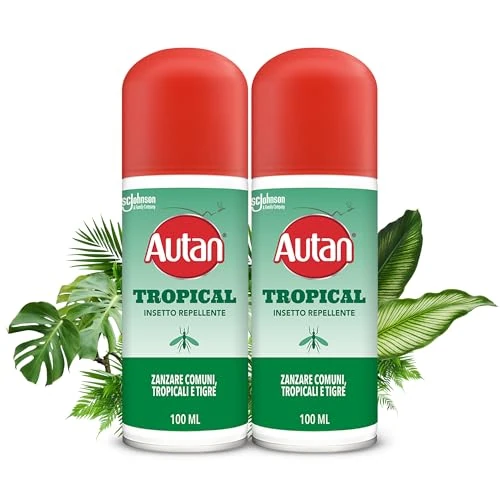 Offerta a tempo: Autan Tropical Spray Secco, Spray Antizanzare Forte, Repellente Zanzare Azione Protettiva Duratura, Fino a 8h protezione, per Viaggi in Luoghi Tropicali, Efficace per Virus West Nile, 2 Conf da 100 ml - 31% da 14.39 € a 9.99 €