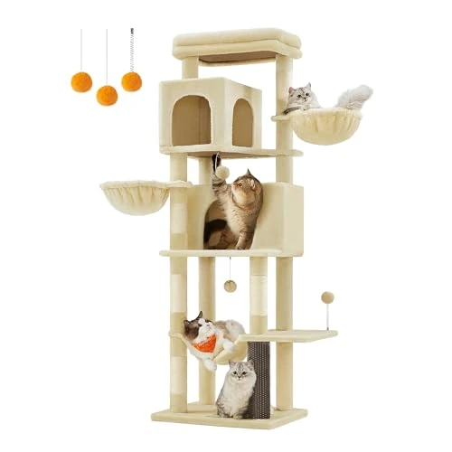 Offerta a tempo: Feandrea Albero per Gatti Grande, Torre Tiragraffi Alto 175 cm, Multilivelli con 2 Grotte, 2 Cestini, 5 Graffiatoi, Autospazzola, Trespolo, Amaca, Beige Sabbia PCT182Y01 - 43% da 99.99 € a 56.99 €