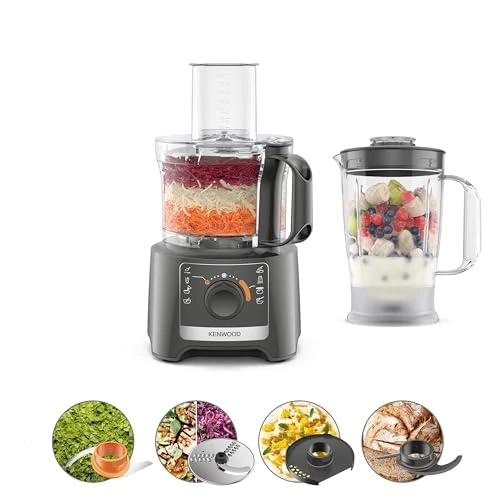 Kenwood MultiPro Compact FDP31.170GY, Food Processor, Kneading Function and Slicing Disc, Blender 1.2L, 2 Speeds + Pulse, Bowl 2.1L, 800W, Grey