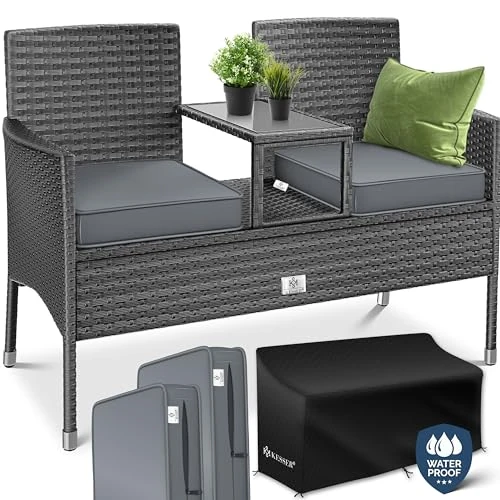 Oferta limitada: KESSER Banco de jardín de polirratán de 2 plazas con mesa integrada, 143 × 63 × 88 cm, ratán sintético, para jardín, balcón, sofá de jardín, resistente a la intemperie, muy estable, incluye cojines y de 142.80 EUR a 112.80 EUR (ahorro 21%)