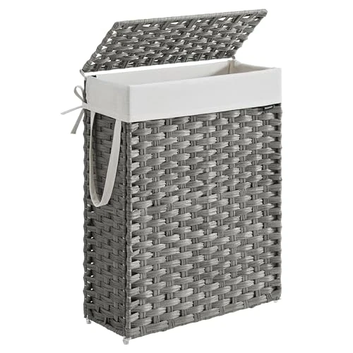Oferta limitowana: SONGMICS wąski kosz na bieliznę, kosz na bieliznę 55 L, pojemnik na pranie wykonany z syntetycznego rattanu, z pokrywką i uchwytami, pleciony, składany, pralnia w kolorze gołębim szarym LCB164G01 z 210.99 zł na 210.99 zł (oszczędź 0.00%