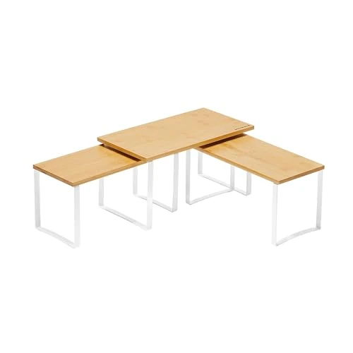 SONGMICS Organizer voor keukenkast, set met 3 planken, stapelbaar, uitbreidbaar kruidenrek, metaal en bamboe, wolkenwit en natuurlijk beige KCS014W01