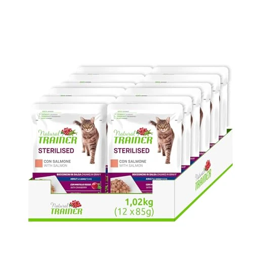 Natural Trainer Sterilised - Comida húmeda para Gatos Adultos con salmón, 12 Sobres x 85 g, 1020 g