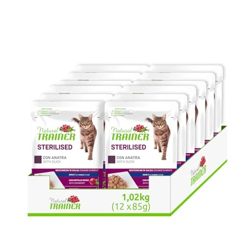 Natural Trainer Stérilisé Aliments humides pour Chats Adultes avec Canard, 12 enveloppes x 85 g, 1020 g