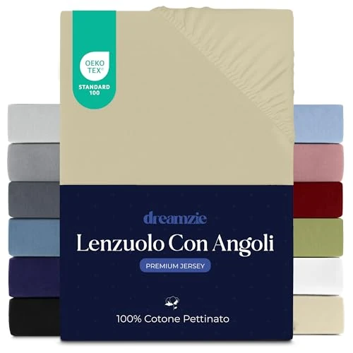 Dreamzie Lenzuola Matrimoniali Cotone 180x200 cm, Altezza Materasso fino a 27 cm - Coprimaterasso Matrimoniale - Beige - Certificato senza Prodotti Chimici (Oeko TEX)