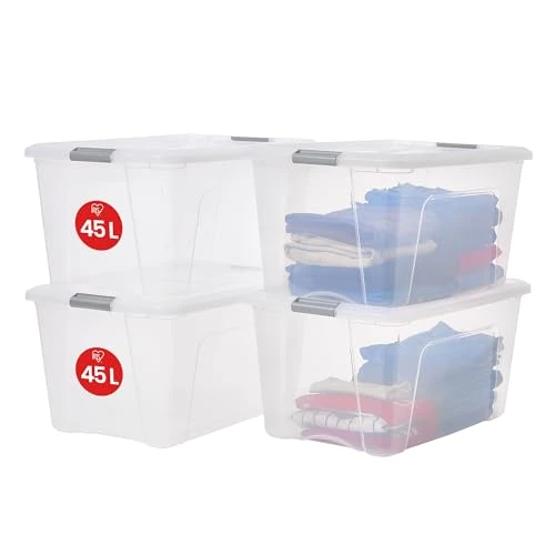 Iris Ohyama Storage Boxes with Lids, 45L, Set of 4, Silver, Secure Buckles, Stackable, Pull-Handles, For Bedroom, Closet, Office, Organisation, BPA Free Plastic, Clothes Tote, NTB-45