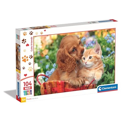 Clementoni - 25763 - Supercolor Puzzle - Cute Friends - 104 Maxi Pezzi - Puzzle Bambini 4 Anni, Puzzle Animali, Cane, Gatto, Made In Italy
