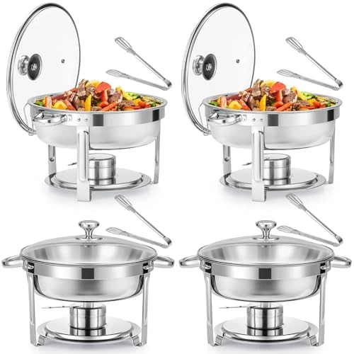 WILPREP Set of 4 Round Heating Buffet Chafing Dish 5.5L Stainless Steel Food Warmer with Glass Lid for Parties Buffets Banquets Dinners