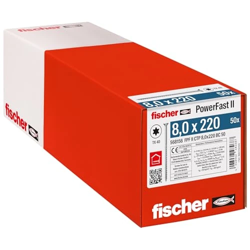 fischer - Vis de charpente PowerFast FPF II CTP 8,0x220 revêtement zingué, Filetage partiel, tête fraisée avec Empreinte Torx/Boîte de 50