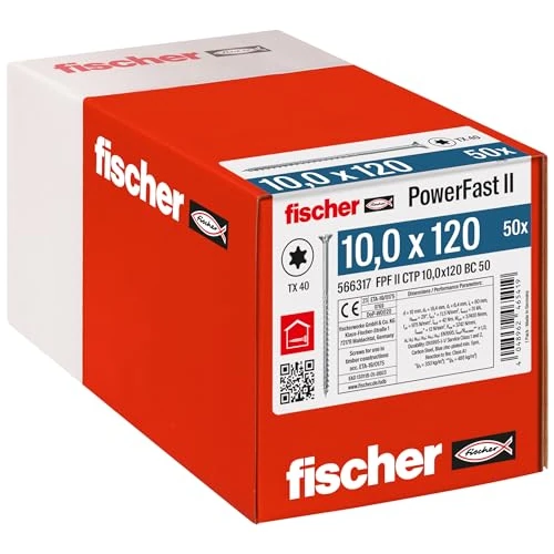 Fischer Viti per Legno e Costruzioni PowerFast FPF II CTP 10,0x120, Filettatura Parziale, Testa Svasata Piana, Impronta Torx, Zincata Bianca, 50 Pz, 566317