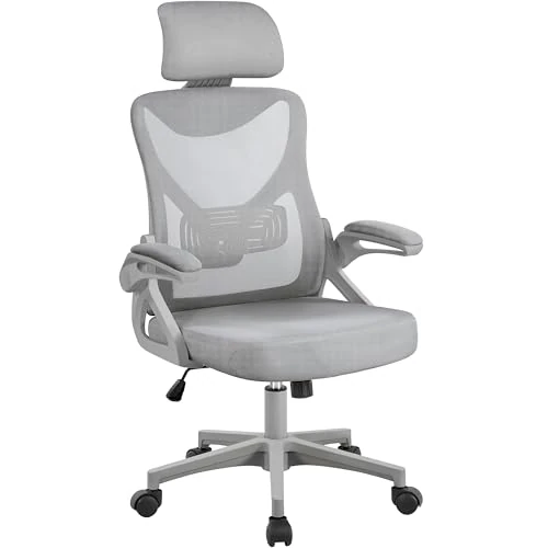Yaheetech Ergonomischer Bürostuhl mit Armlehnen, verstellbare Kopfstütze mit hoher Rückenlehne, Schaukelfunktion, drehbar, aus atmungsaktivem Netzstoff, mit Lendenwirbelstütze, Grau