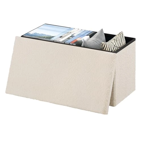 Tijdelijke aanbieding: SOM0214 Zitbank met opbergruimte en opvouwbare kruk, gestoffeerde bank van teddyfleece, 80 l, 300 kg belastbaar, 76 x 37 x 38 cm, beige van 38.99 EUR naar 38.99 EUR (korting 0%)