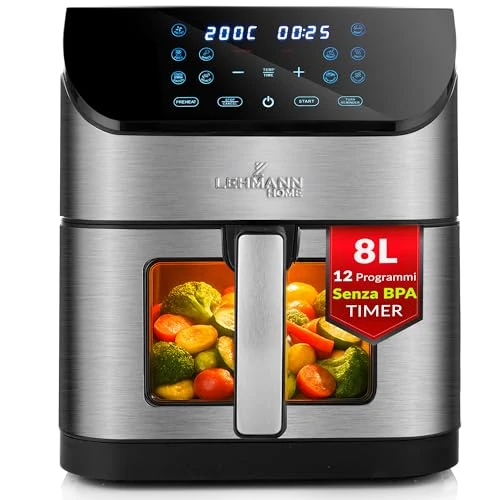 Offerta a tempo: LEHMANN Friggitrice ad Aria XXL 8 Litri, 1800 W, Air Fryer con Finestra di Visualizzazione, Pannello Digitale, 12 Modalità Intelligenti, max 200°C, Lavabile in Lavastoviglie, 90% di Grassi in Meno - 25% da 79.99 € a 59.99 €