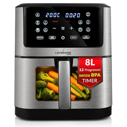 Tijdelijke aanbieding: LEHMANN Heteluchtfriteuse, 8 liter, 1800 W, Air Fryer met kijkvenster, temperatuurregeling tot 200 °C, 12 programma's, timer, antiaanbaklaag, grillen, bakken en frituren met Air Fry-technologie van 59.99 € naar 59.99 € (0.00% kortin