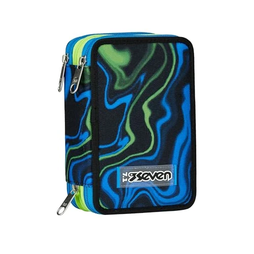 Seven Trousse scolaire 3 compartiments, bleu, multi-shade boy, porte-stylo triple compartiment complet avec stylets, crayons, couleurs, accessoires sac à dos, élémentaires, moyennes, supérieures,