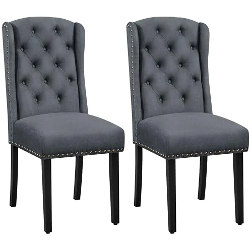 Yaheetech Set mit 2 Esszimmerstühlen, moderner Stoff, gepolstert, elegant, Beine aus Massivholz, hohe Rückenlehne mit Knöpfen, Tragkraft 140 kg, Grau