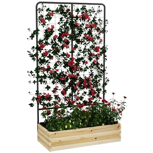 Outsunny Pflanzgefäß mit Gitter, 2 Entwässerungslöchern und Vliesstoff, erhöhtes Pflanzgefäß aus Fichtenholz und Stahl, 80x38x145 cm, schwarz und holzfarbig