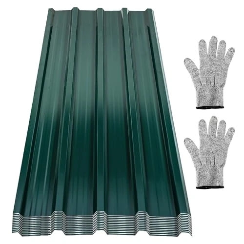 Ikodm Lot de 12 tôles trapézoïdales 129 x 46 cm, 7 m², tôle ondulée, galvanisée ondulée, 0,25 mm résistante à la rouille, pour abri de voiture, tôle trapézoïdale verte, avec gants