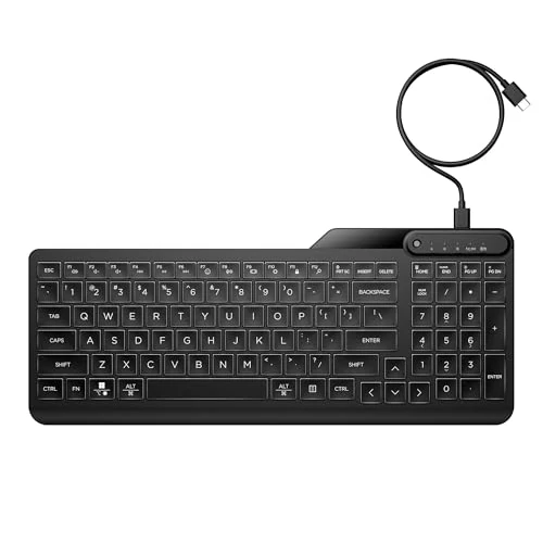 HP 400 Wired Keyboard, Connection via USB-C and with USB-A Adapter, Qwerty, 12 Programmable Keys, Backlight, Compatible with Windows 10 and 11, Chrome OS, MacOS, Black