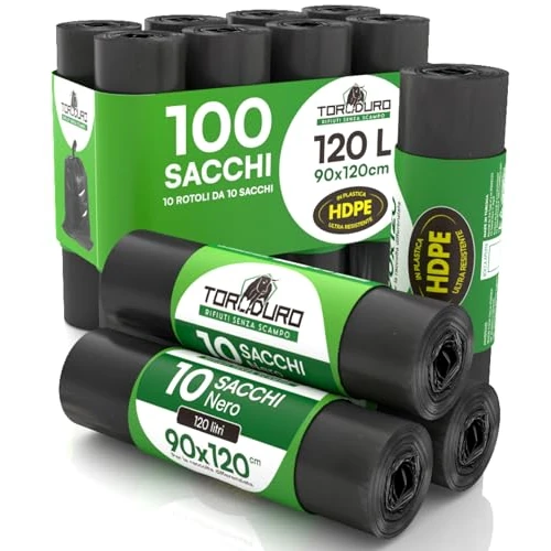 Offerta a tempo: 100 Sacchi Neri Grandi Spazzatura in Plastica HDPE ToroDuro 90x120cm 120L Antiforo Ultra Resistenti per Raccolta Rifiuti Pattumiera Condominiale 10 Rotoli a Strappo - 100 Sacchetti - 15% da 39.90 € a 33.99 €
