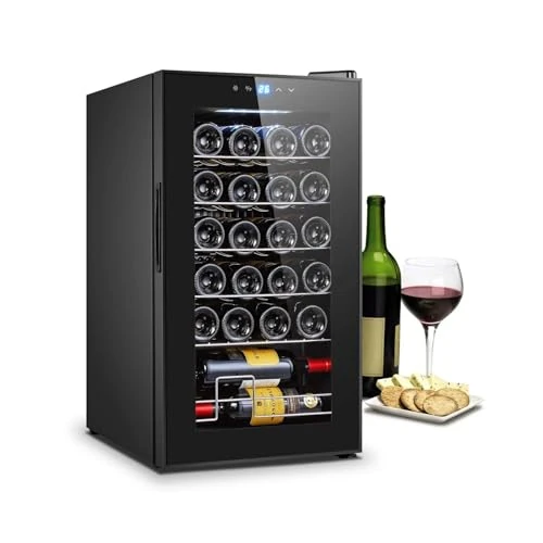 Wintem Cave à vin avec réglage de la température 5-18°C - Mini réfrigérateur bar pour 24 bouteilles | Wooler, élégant design moderne, écran LED et écran tactile