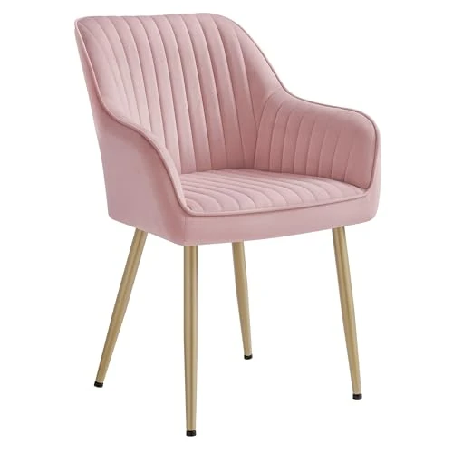 SONGMICS Dining Chair, Kitchen Chair, Velvet Armchair, Upholstered Armrest, Maximum Load 120 kg, Metal Legs, for Dining Room, Candy Pink and Light Gold LDC087R01