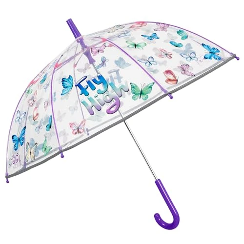 PERLETTI Small Transparent Pink Umbrella for Children - Reflective Bell Umbrella for Girls - 3 4 5 6 Years Old School Nursery - Diameter 64 cm, Butterflies, S, Printed frillo