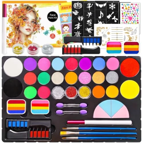 Oferta limitowana: Mekkyes Malowanie twarzy dla dzieci - 22 kolory malownicze farby do malowania twarzy dla dzieci z 4 dużymi kolorami i naklejkami z tatuażami - Hipoalergiczne malowanie twarzy na Halloween Karnawał z 136.99 zł na 136.99 zł (oszczędź 0.00