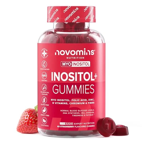 Gominolas de Inositol Myo y D-Chiro 40:1 - con Inositol, Ácido Fólico, Cromo, Zinc, Vitaminas B6 y D3, y Fibra - Suplemento para el Equilibrio Hormonal Femenino - Vegano - 60 PCOS Gominolas - Novomins