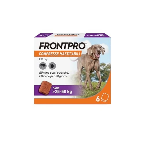FRONTPRO 6 Compresse Masticabili Antiparassitario per Cani di Peso > 25-50 kg Protegge da Pulci e Zecche, Antipulci in Confezione da 6 Compresse da 136 mg di Afoxolaner