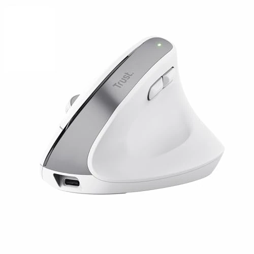 Trust Bayo+ Ratón Vertical Inalámbrico Bluetooth + RF 2.4GHz, Ridurre la Tensione del Braccio e del Polso, 53% Plástico Reciclado, Ratón Ergonómico Recargable PC Portátil Mac - Blanco