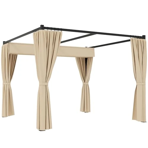 Outsunny Pergola voor buiten, met zijwanden en intrekbaar dak, paviljoen van metaal en polyester, 300 x 300 x 227 cm, beige