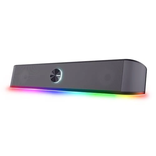 Trust Gaming GXT 1619 Rhox Barra de Sonido con Iluminación RGB 12W (6W RMS), Altavoces PC Gaming Estéreo, Alimentación USB, 3,5 mm Jack, Altavoz Pequeño 2.0 para Ordenador Portátil TV - Gris
