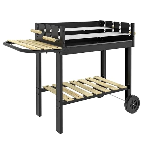 Outsunny Griglia per Barbecue a Carbonella ad Altezza Regolabile con 2 Griglie, 2 Ripiani e Rotelle, Barbecue da Giardino in Metallo e Legno di Pino, 113x53.5x82.5 cm, Nera