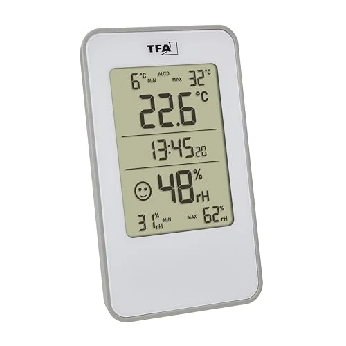 TFA Dostmann Termoigrometro digitale 30.5057 per interni, misuratore di umidità dell'aria con termometro per ambiente, antimuffa, soggiorno, garage, camera da letto, 72 x 16 x 120 mm, bianco