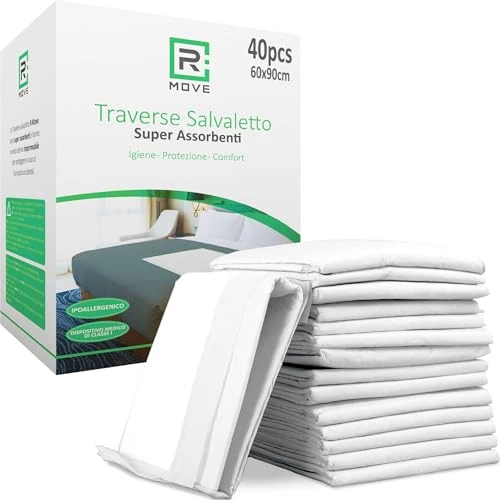 Offerta a tempo: R MOVE 40 traverse letto 60x90 cm per Bambini ed Anziani, traversine neonato fasciatoio, teli monouso, traversa, telini igienici usa e getta, traversina cambio pannolino (60x90cm (Confezione da 40)) - 8% da 14.99 € a 13.79 €