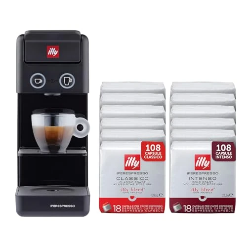 illy Y3.3 Hyperespresso-Kaffeemaschine in Schwarz mit 216 Kapseln Hyperespresso (108 Kapseln Hyperespesso Classic und 108 Kapseln Hyperespesso INTENSO)