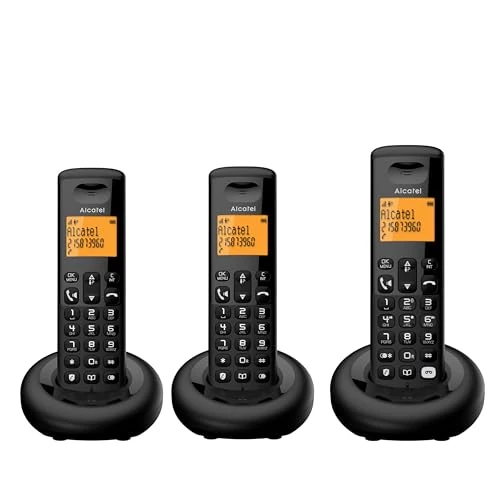Offerta a tempo: ALCATEL E260 S. Voice Trio - Telefono Fisso Cordless DECT con Segreteria - Design Compatto - Grande Display Retroilluminato - Vivavoce - Funzione Blocco Chiamate Indesiderate - 3 Portatili - Nero - 0.00% da 61.66 € a 61.66 €