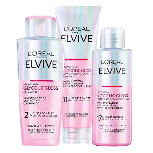 L'Oréal Paris Pack ELVIVE Glycolic Gloss Champú sin sulfatos y Acondicionador y Tratamiento en 5 minutos con Ácido Glicólico para Todo Tipo de Pelo