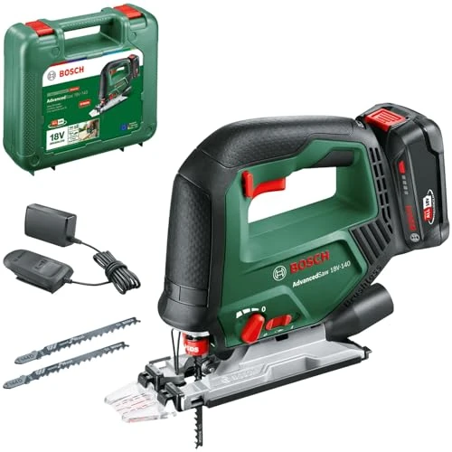 Bosch Akumulatorowa wyrzynarka AdvancedSaw 18V-140 (funkcja oscylacji brzeszczotu, silnik bezszczotkowy, głębokość cięcia w drewnie/stali/alu: 140mm/10 mm/20 mm, 3 brzeszczoty; 2.0Ah i ładowarka)