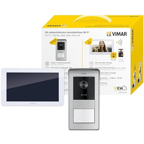 Vimar K42955 Kit de videoportero smart con videoportero Wi-Fi con pantalla táctil en color LCD 7in, placa audio/vídeo RFID, alimentador, soportes para montaje de superficie