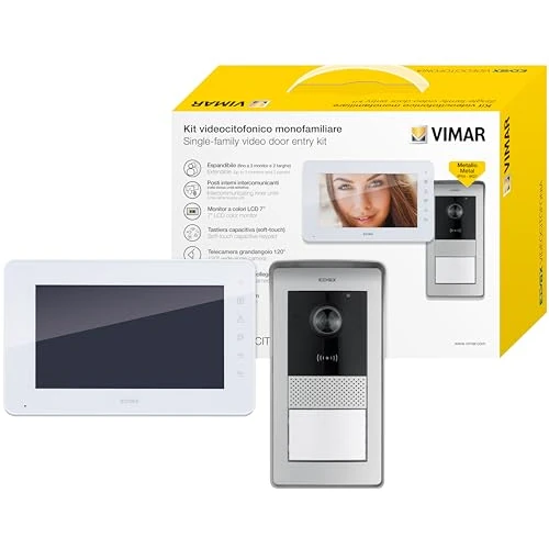 Vimar K42910 Jednorodzinny zestaw wideodomofon ścienny z klawiaturą pojemnościową, tablica audiowideo RFID, standardowy zasilacz z wymiennymi wtyczkami UE, UK, USA, AUS, wsporniki mocujące
