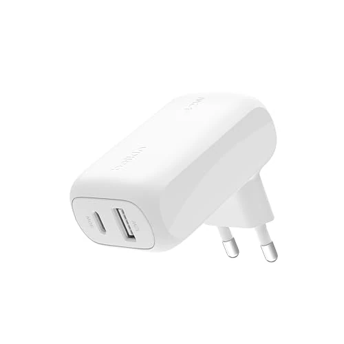 Belkin BoostCharge doppio caricatore usb da parete da 42 W, ricarica rapida USB-C + USB-A per iPhone 16,16 Plus,16 Pro,16 Pro Max,15,15 Pro Max, 14,Galaxy S24, Plus,Ultra,iPad,AirPods e altri, bianco